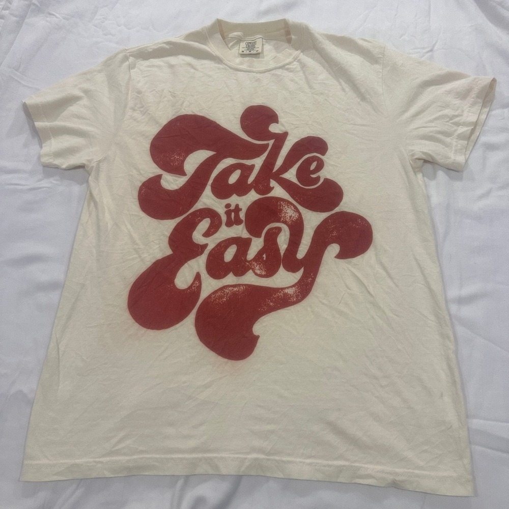 Comfort Colors Take It Easy Retro Graphic T-Shirt M Mens Pastel Yellow Cream